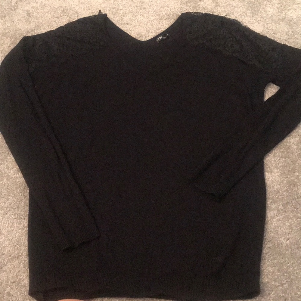Express Black v neck sweater with lace shoulders